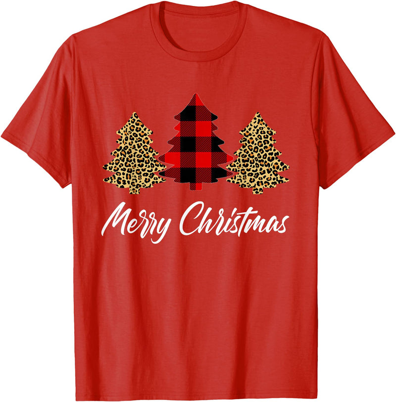 Merry Christmas Plaid Apparels Co. Merry Christmas, Leopard buffalo plaid Christmas tree Xmas T-Shirt - Red