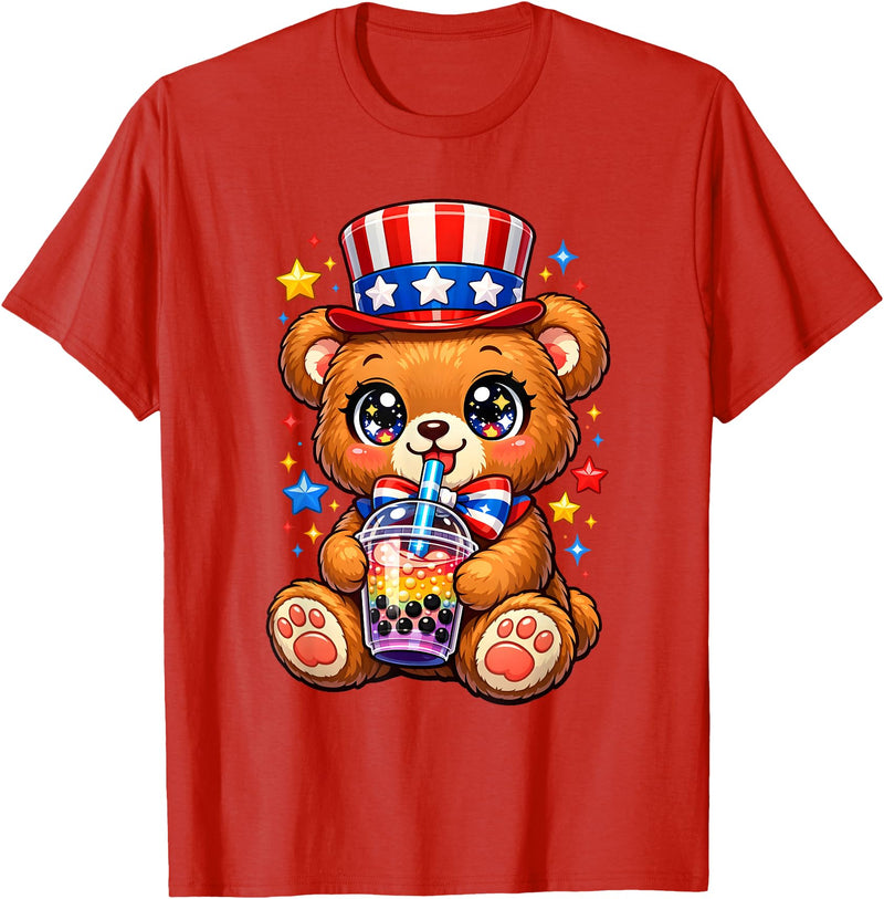 Kawaii Red White and Blue Fourth July Little Kids Cute Teddy Bear Patriotic 4th July Gift Bubble Boba Tea USA T-Shirt - Red