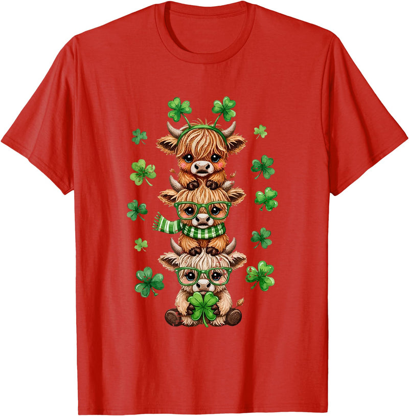 St Patricks Day Highland Cow Lucky Irish Shamrock Funny St Patrick's Day Highland Cow Lucky Shamrock Irish T-Shirt - Red
