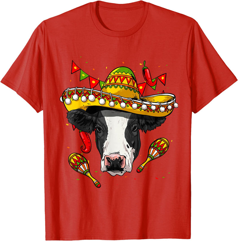 Wowsome! Cinco de Mayo Cow Mexican Lover Sombrero Cow T-Shirt - Red