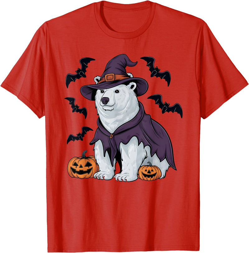 Witch Polar Bear Halloween Tees Polar Bear Halloween Costume Scary Pumpkin Bat Witch T-Shirt - Red