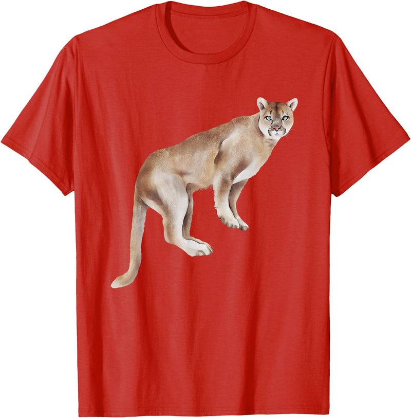 Watercolour Mountain Lion Panther Cougar Cat Lover Watercolour Mountain Lion Animal Art Nature Wildlife Art T-Shirt - Red