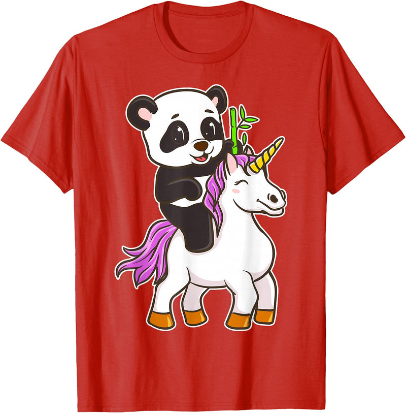 Panda Bear Unicorns Boys Girls Kids Panda Riding Unicorn Cute Magical Animals T-Shirt - Red