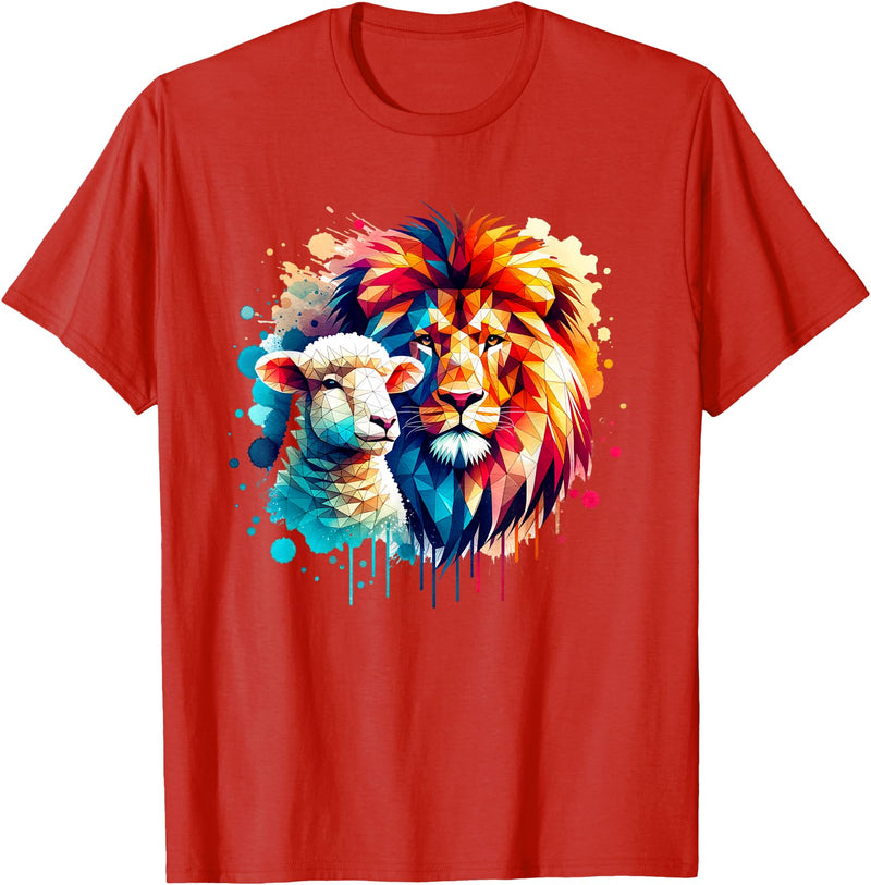 Christian Clothing Lion And Lamb Christian Art Lion And Lamb Geometric Christian Clothing T-Shirt - Red