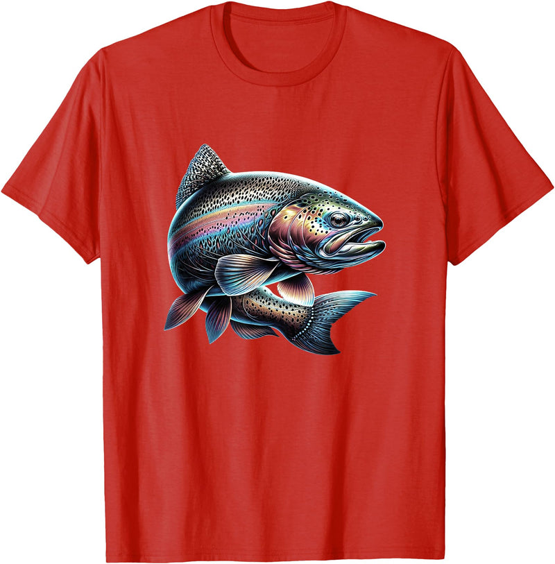 Steelhead Fishing - Unisex Adults & Kids Fishing T-Shirt - Black - Small - Short Sleeve - Cotton & Polyester - Modern Fish Graphic - Crew Neck - Regular Fit - Pull On - Imported - Red