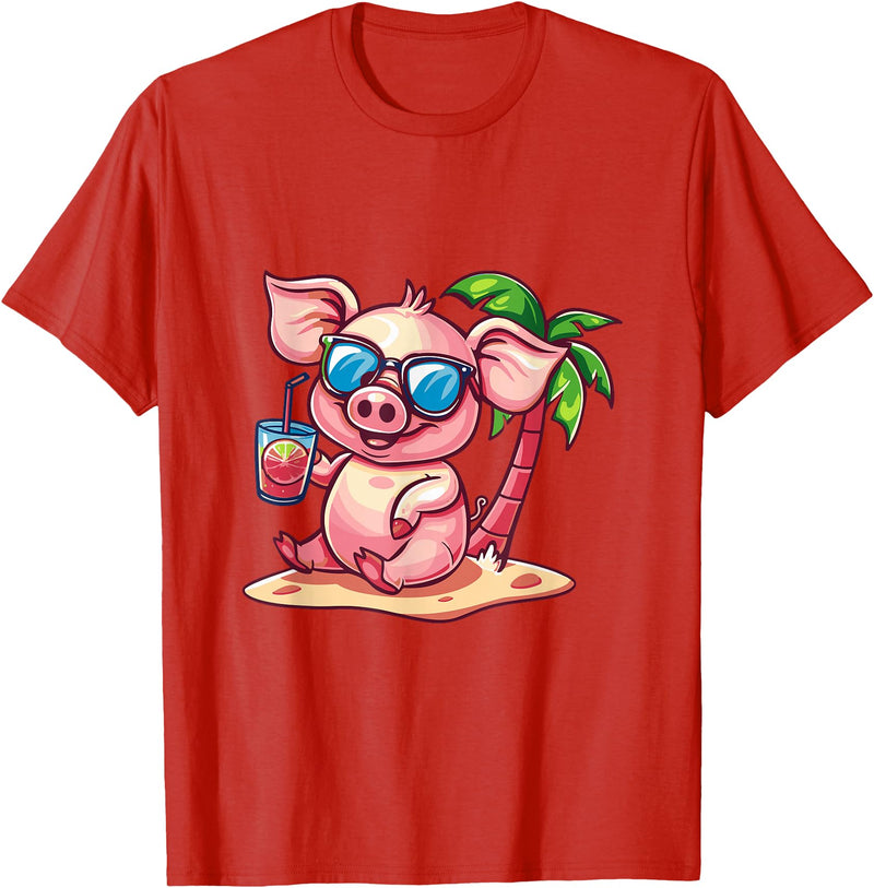 Animal Party Summer Vacay Mood Party Pig Palm Trees Summer Vacation T-Shirt - Red