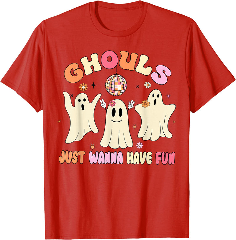 Groovy Ghosts Just Wanna Have Fun Funny Halloween T-Shirt - Red