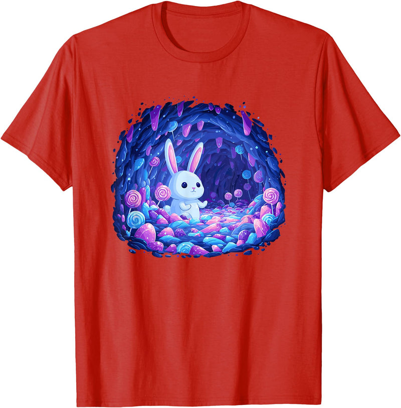 Enchanting Bunny in Candy Cave Fantasy World T-Shirt in Red