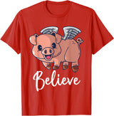 Buddy Tees Flying Pig with Wings Believe Motivational Pigs T-Shirt - Red