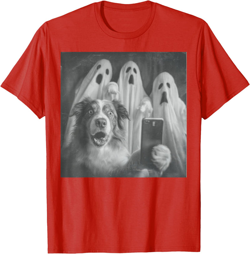 Spooky Aussie Moments Australian Shepherd Selfie Funny Ghost Halloween T-Shirt - Red