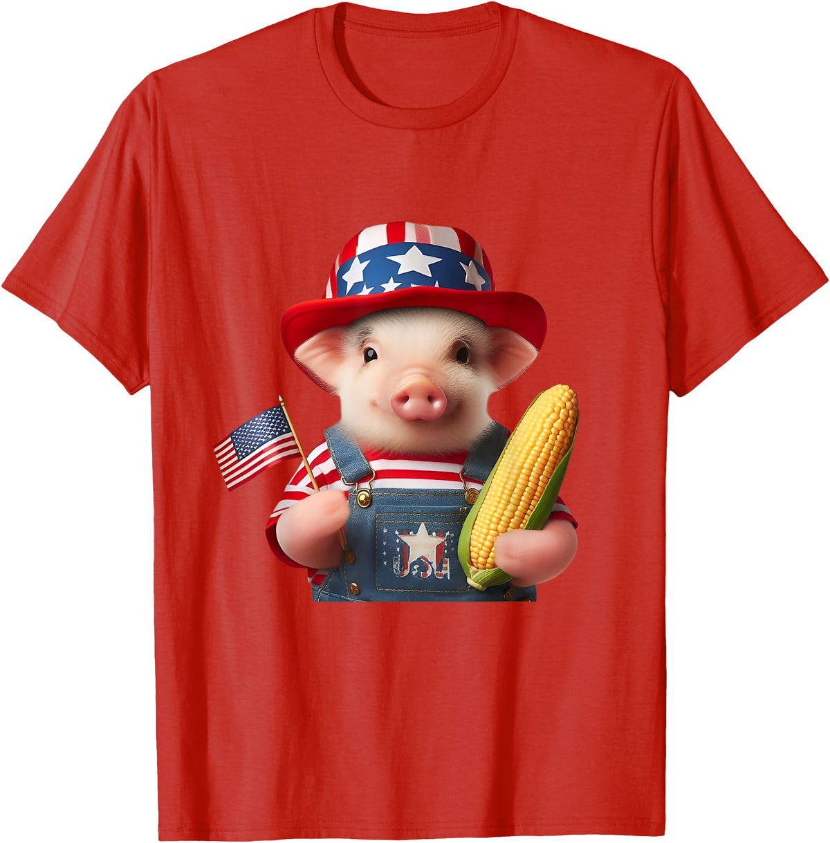 Pig Corn 4th of July Design 4th of July Pig American Us Flag Patriotic Corn 4th of July T-Shirt - Red