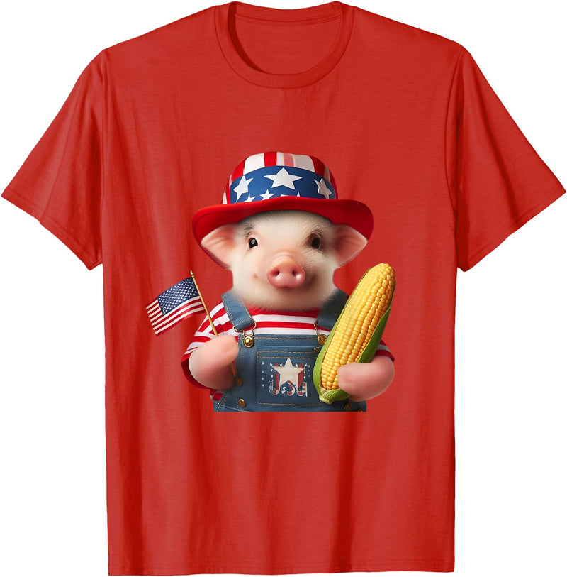 Pig Corn 4th of July Design 4th of July Pig American Us Flag Patriotic Corn 4th of July T-Shirt - Red