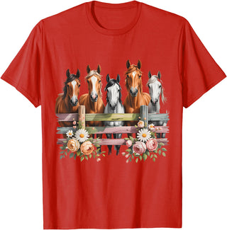 HORSE LOVERS NOVELTY APPAREL Wild Floral Horses For Men Women Kids Horse Lover T-Shirt - Red