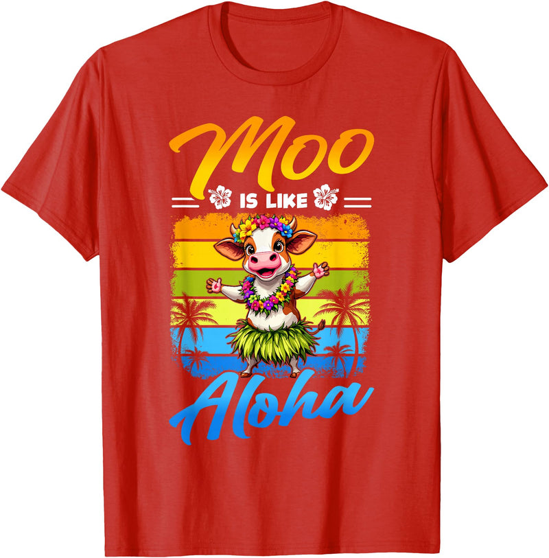 Aloha Animal Hawaii Flower Chain Hula Dance Art Hawaii Animal Haku Lei Grass Skirt Hula Dance Aloha Cow T-Shirt - Red