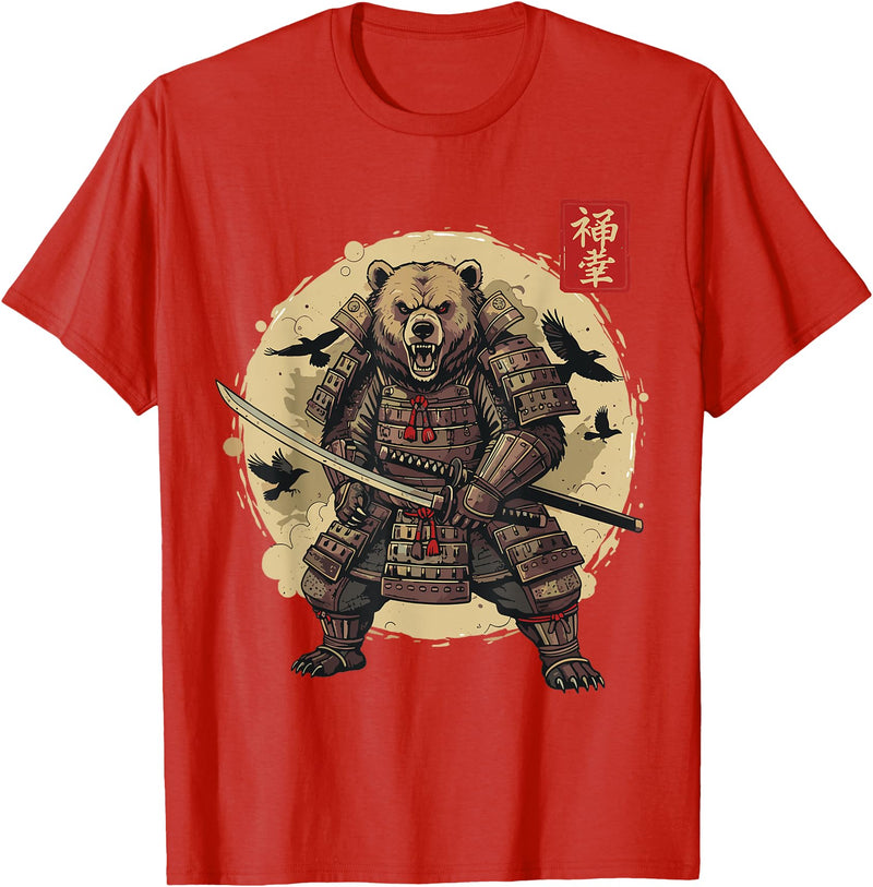 Anime Shirts For Men Women Kids Gifts Samurai Bear Shirt Warrior Vintage Graphic Japanese Men T-Shirt - Red