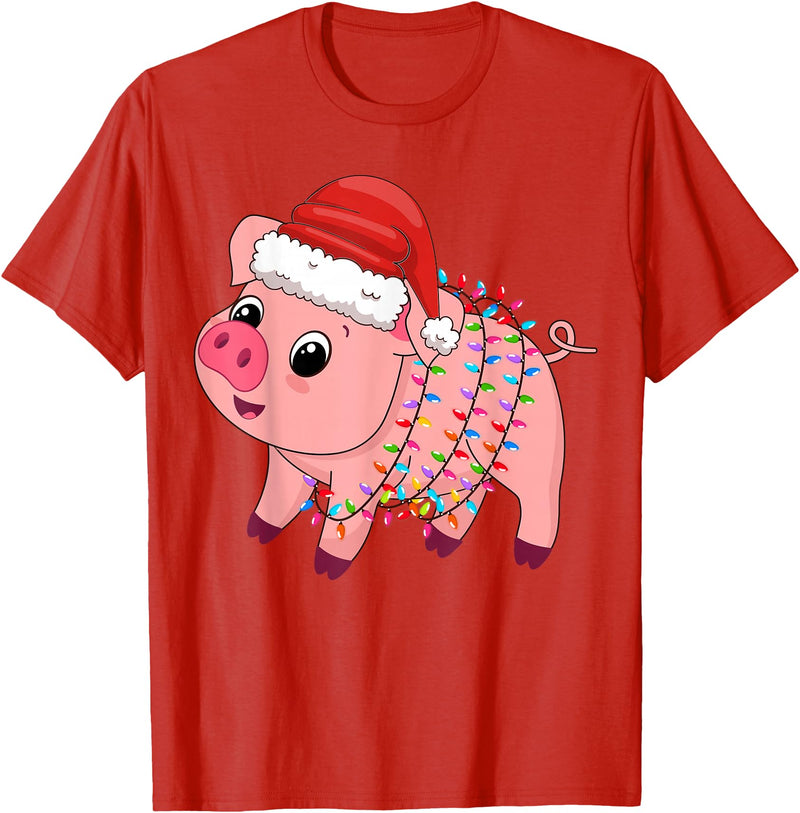 Pig Christmas Gifts Men Women Kids Co. Christmas Lights Pig Wearing Xmas Hat - Pig Lover Farmer T-Shirt - Red