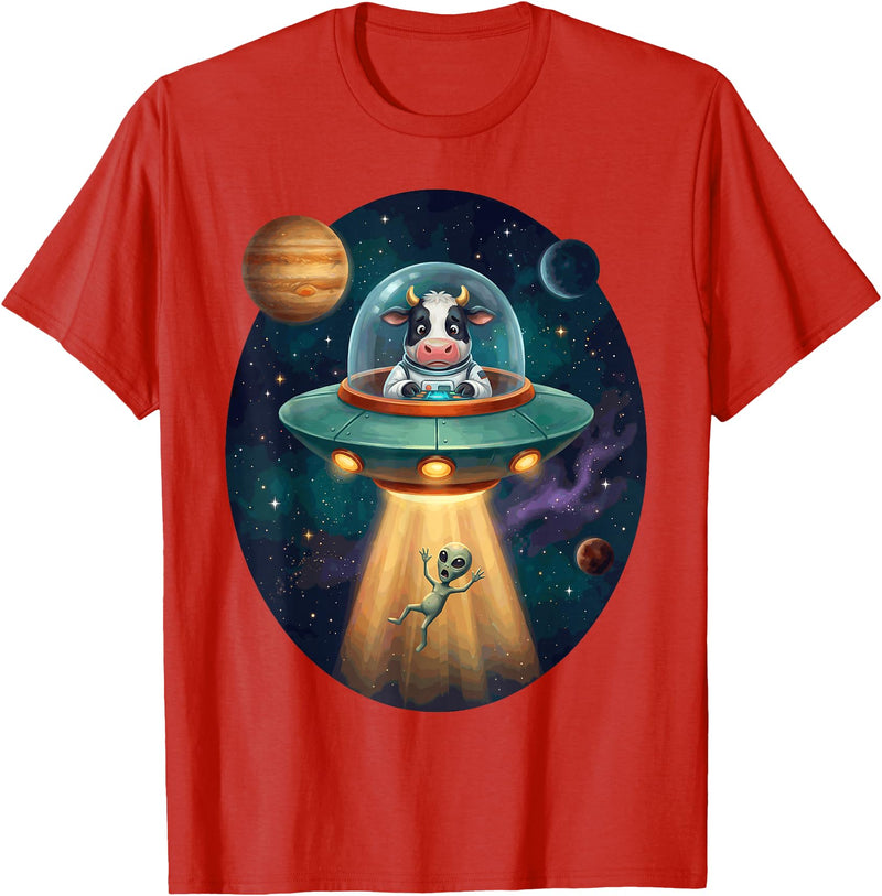 Cow Astronaut Alien Abduction Space Apparel FUUNY Cow Astronaut UFO Abducting Alien Space Farm T-Shirt - Red
