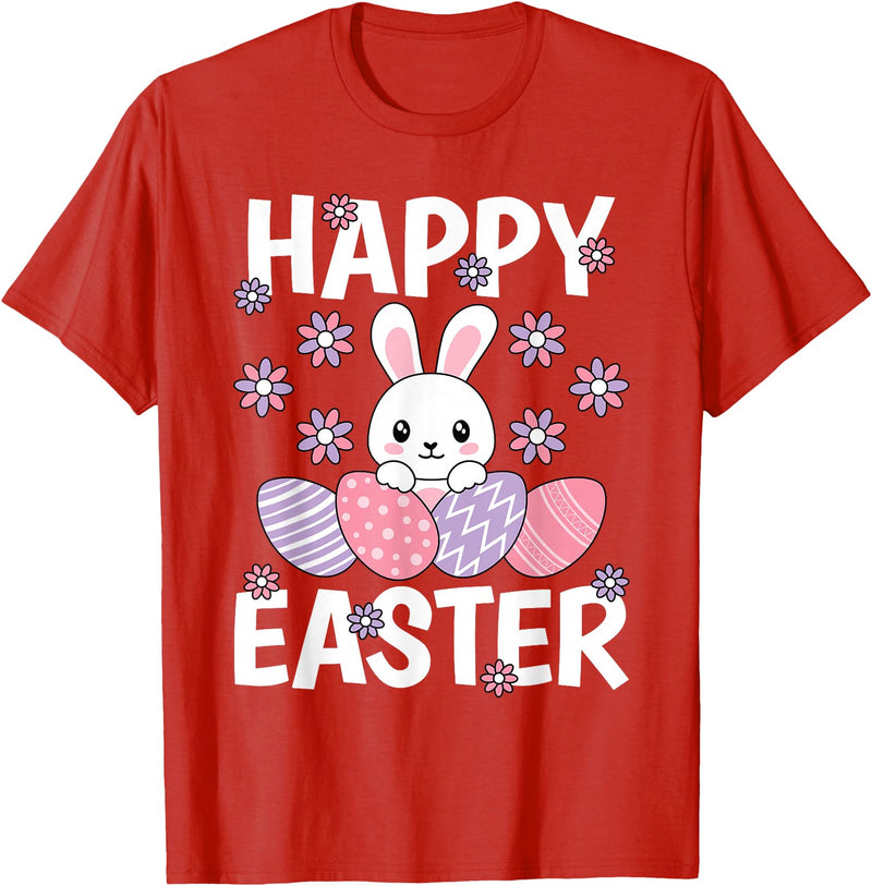Cute Happy Easter Bunny Rabbit Egg Women Girls Kids T-Shirt in Red