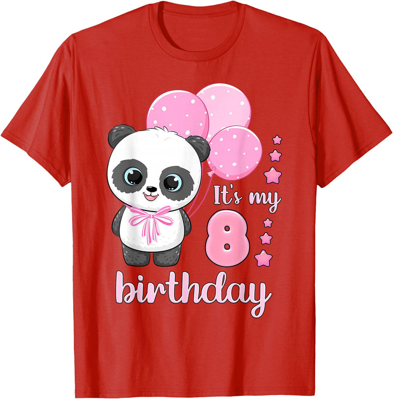 Birthday Gifts for Girls by Content Design Studio Birthday Girl 8 Panda Pink Balloons T-Shirt - Red