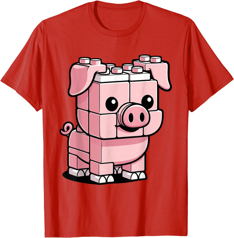 BlockPals DM Funny Pink Brick Pig Building Blocks Farm Animal Character T-Shirt - Red