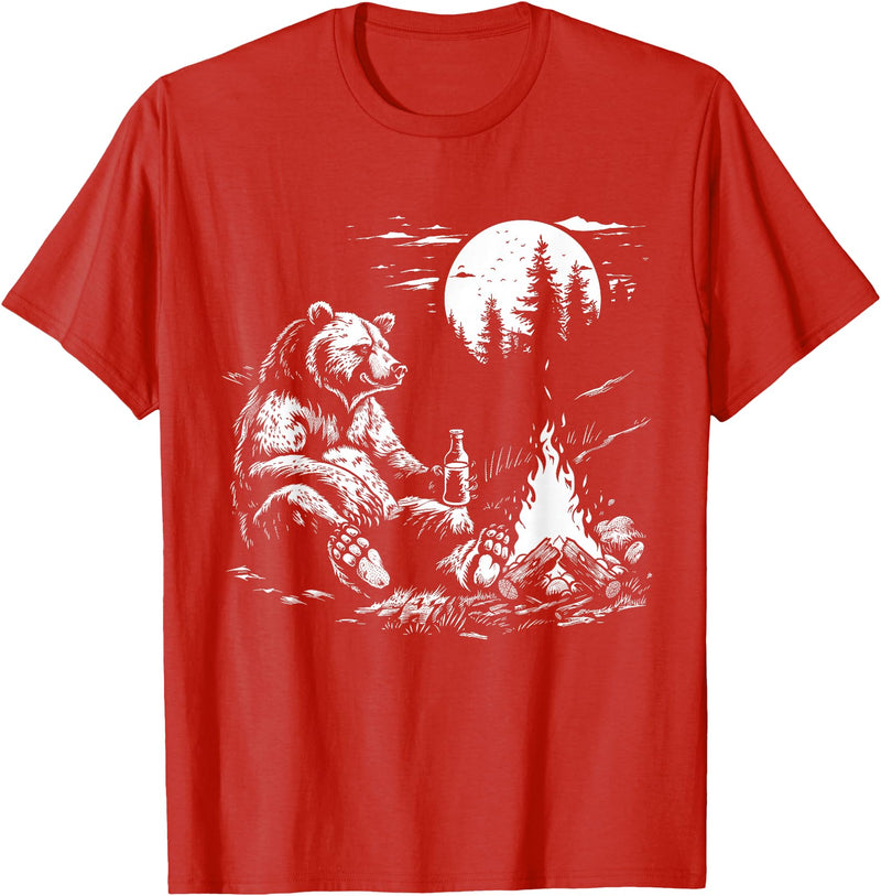 Camping Grizzly Bear Camping Bear Drinking Beer Hiking Nature Funny Grizzly Bear T-Shirt - Red