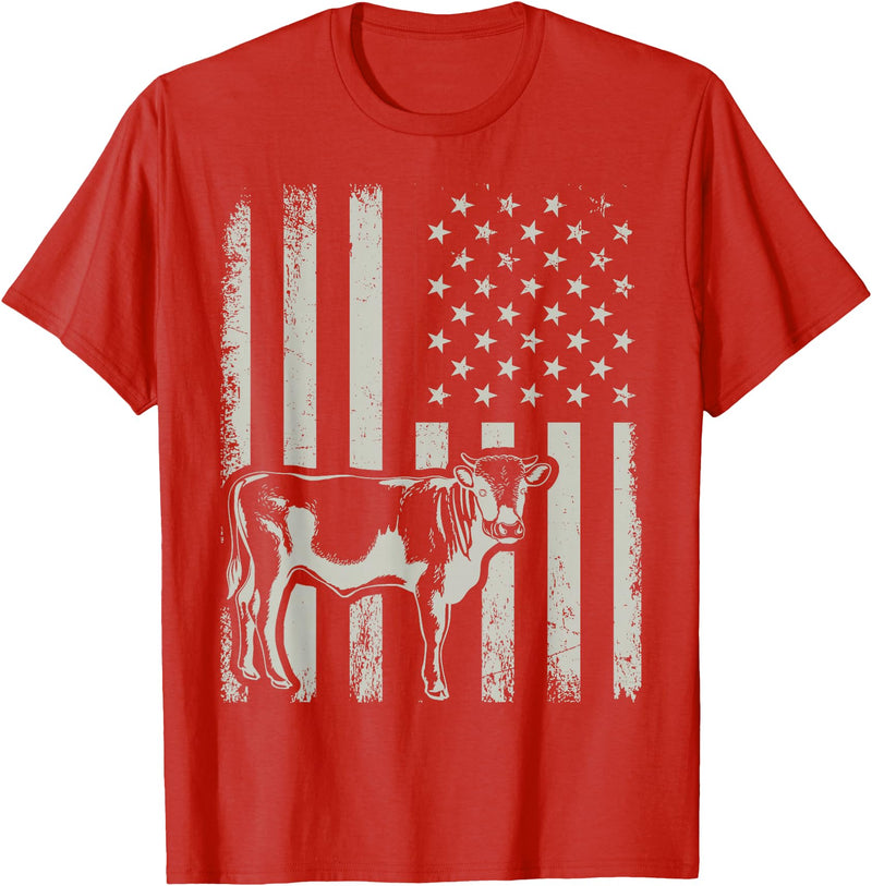 American Bull Riding Cowboy 4th of July USA Flag Proud Patriotic Cattle Bull Cow Farmer Lover American Flag T-Shirt - Red