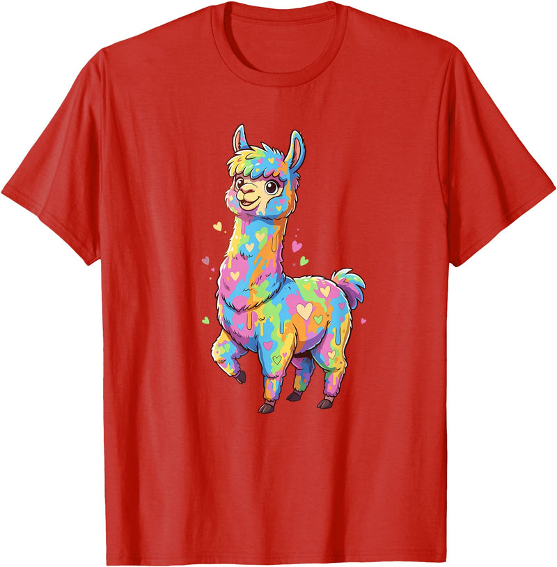Rainbow Llama Love Pastel Hearts Kawaii Colorful Rainbow Heart Llama Kawaii Cute T-Shirt - Red