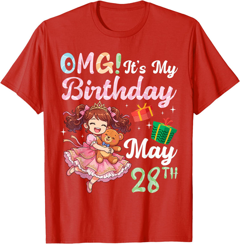 H1Shop Happy Birthday Born On May 28 OMG It's My Birthday Born On May 28th Girl with Present Bear T-Shirt - Red