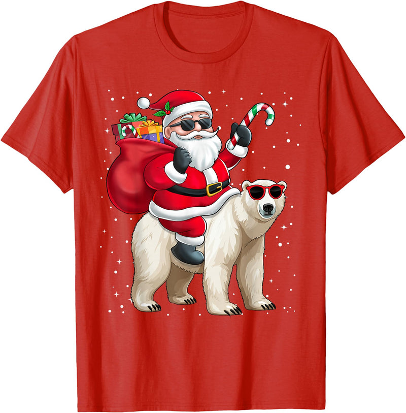Santa Claus Riding A Polar Bear Xmas Funny Santa Claus Riding A Polar Bear Christmas Boy Girl Kids T-Shirt - Red