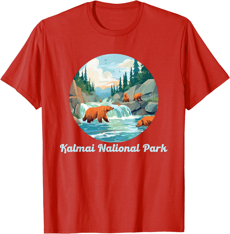 Fun National Parks Alaska Katmai National Park Alaska Brooks Falls Salmon Bears T-Shirt - Red