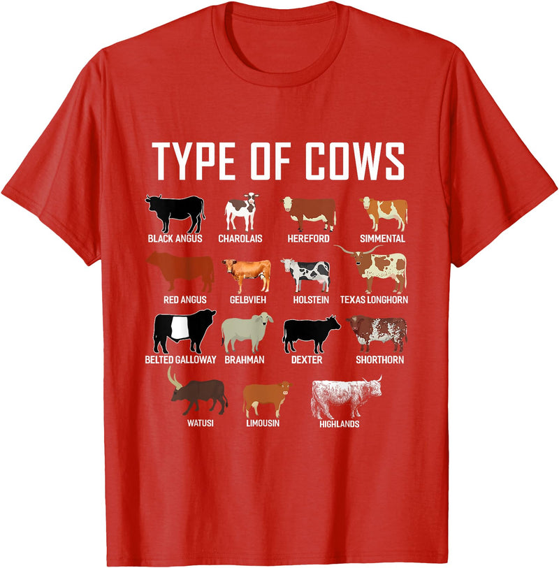 COW Designs By ShirtZilla Types of Cows Shirt Farmer Tee Shirt Costume Cow T-Shirt - Red