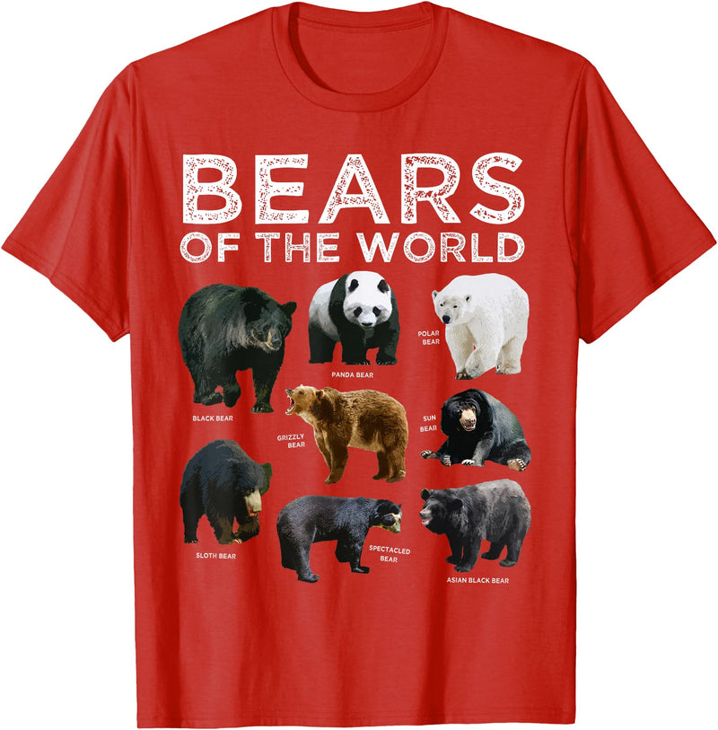 Bears of the World Creationz Eight Bears of the World Panda Polar Grizzly Black Cute T-Shirt - Red