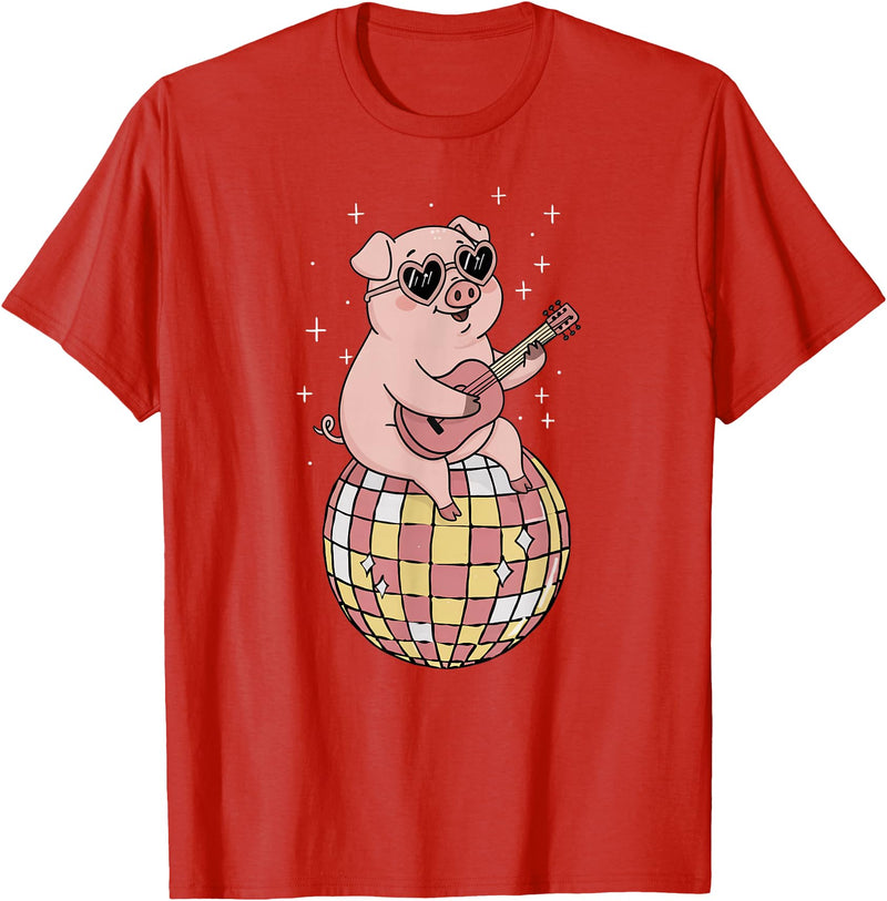DiscoballAxis1 Funny Pig Disco Dancing Ball Groovy Retro 80s Costume T-Shirt - Red