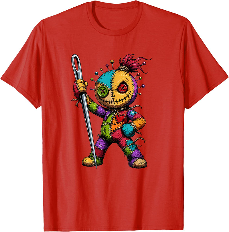 Colorful Voodoo Doll Patchwork Horror Halloween Creepy Rainbow Voodoo Doll with Needle Halloween T-Shirt - Red