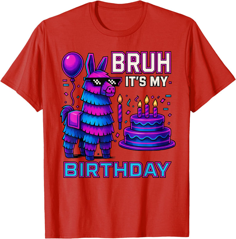 gaming gamer Birthday Llama Pinata Family Apparel Bruh It’s My Birthday Funny Llama Pinata Bday boy Kids Party T-Shirt - Red