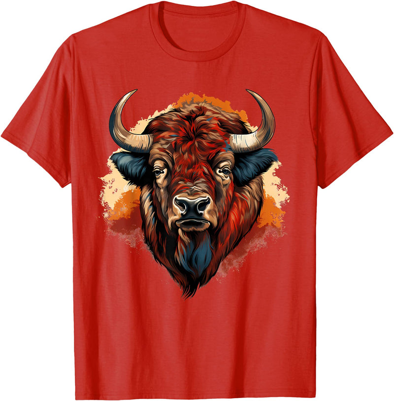 Safari Animal Art Buffalo Portrait Bison Drawing Splash Artwork Animal Print T-Shirt - Red
