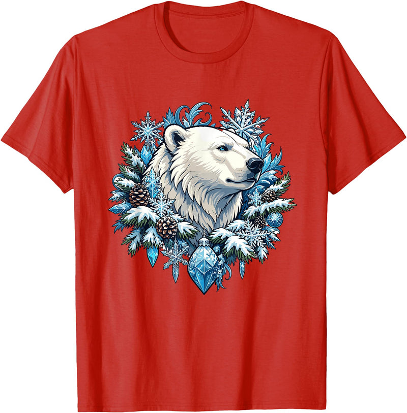 Arctic Polar Bear Winter Snowflake Pine Cone Christmas Polar Bear Snowflake Winter Wonderland T-Shirt - Red