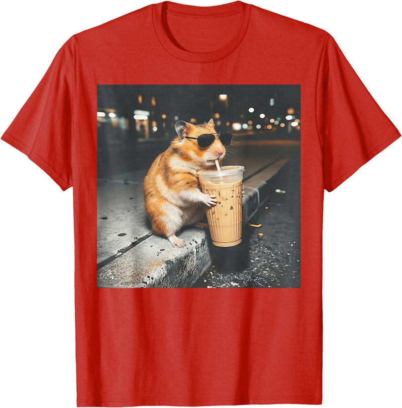 Hamster Drinking Iced Coffee Funny Animal Meme Men Women T-Shirt - Red