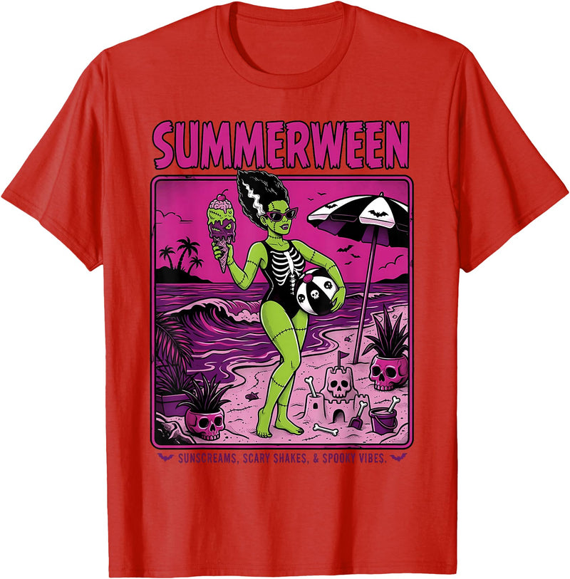 Summerween Halloween in July Spooky Summer Horror summerween Skeleton Beach Halloween Spooky Funny T-Shirt - Red