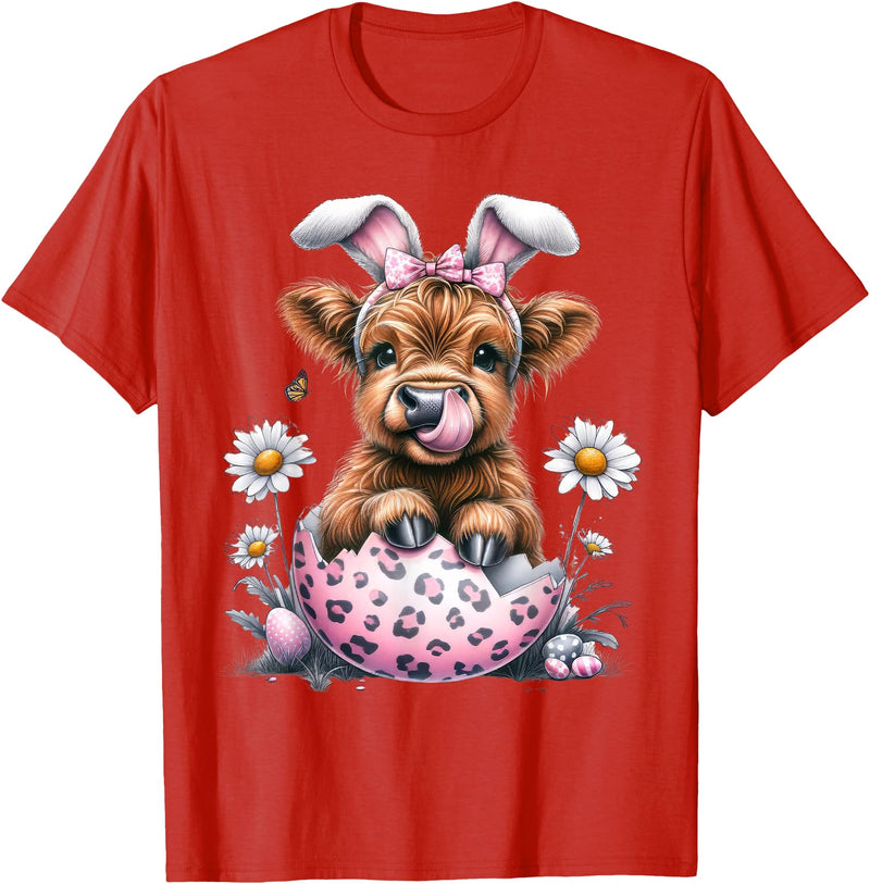 Funny Cow Easter Rabbit Cute Highland Cows Lover Easter Day T-Shirt - Red
