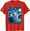 Llama Designs. Llama Alpaka Van Gogh Style Starry Night Funny Graphic T-Shirt - Red