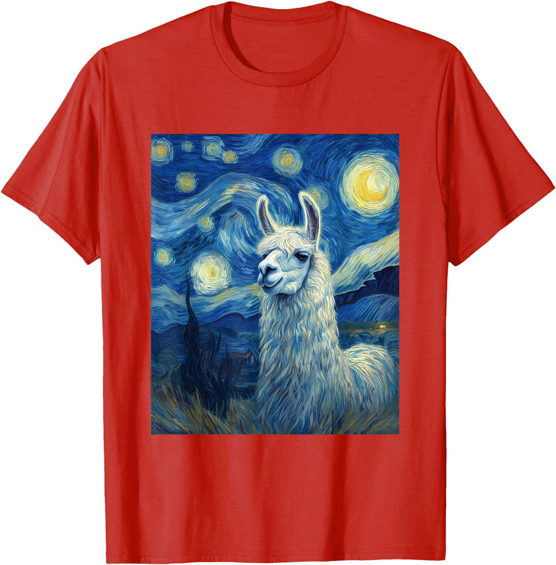 Llama Designs. Llama Alpaka Van Gogh Style Starry Night Funny Graphic T-Shirt - Red