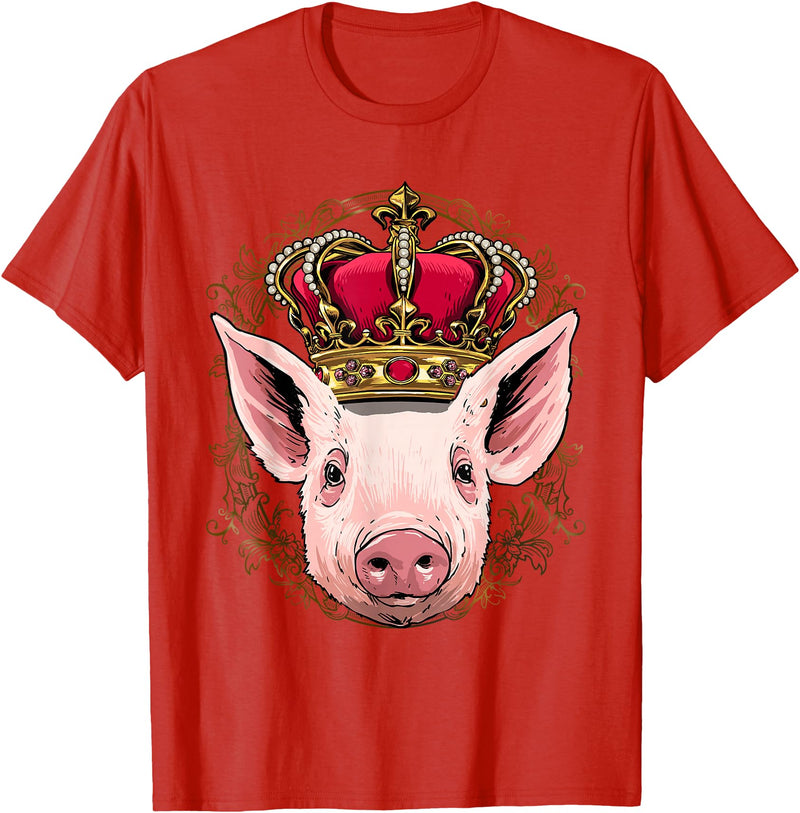 Wowsome! King Pig Wearing Crown - Queen Pig Animal T-Shirt - Red