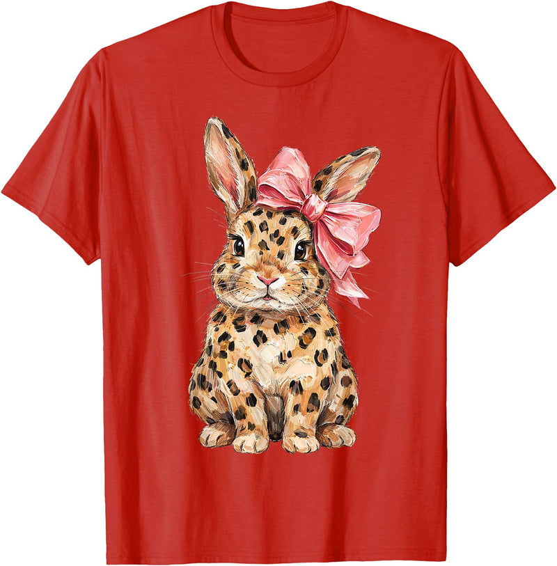 Cute Bunny Leopard Coquette Bow Rabbit Easter Women Girls T-Shirt in Red