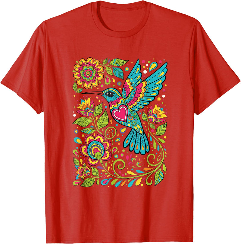 FolkFlight Design Co Bird Hummingbird Floral Folk-Art Colorful T-Shirt - Red