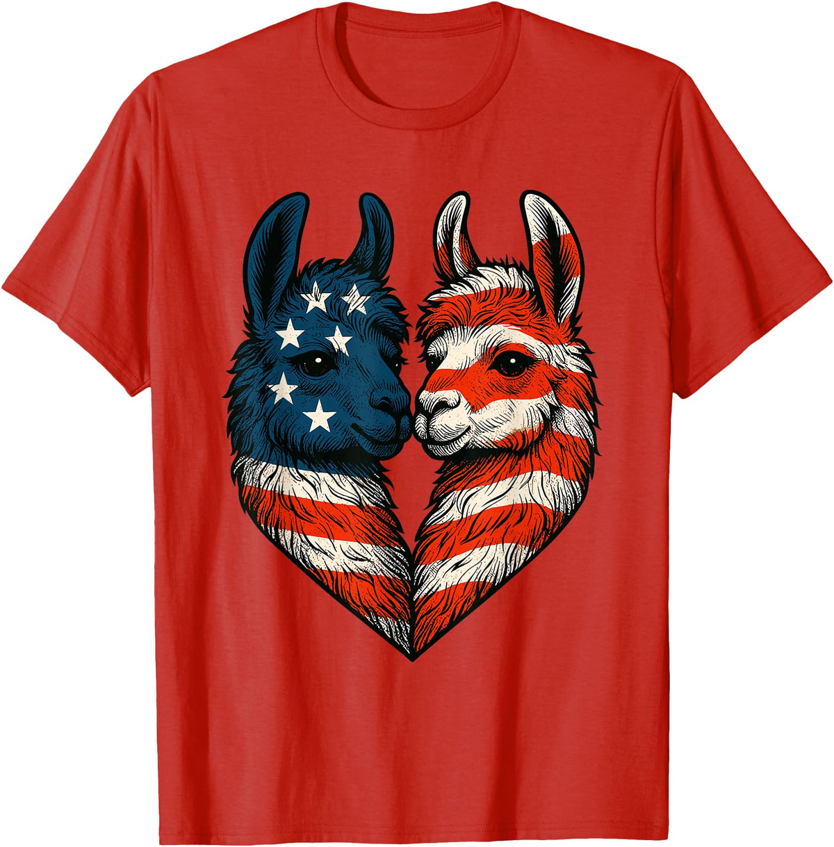 Fourth of July Clothing Co. Patriotic Llamas Heart American Flag 4th of July Graphic T-Shirt - Red
