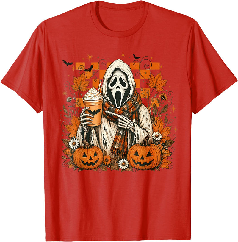 Halloween Pumpkin Ghost Autumn Leaves Graphic Cute Spooky Ghost Fall Halloween Coffee Latte Autumn Pumpkin T-Shirt - Red