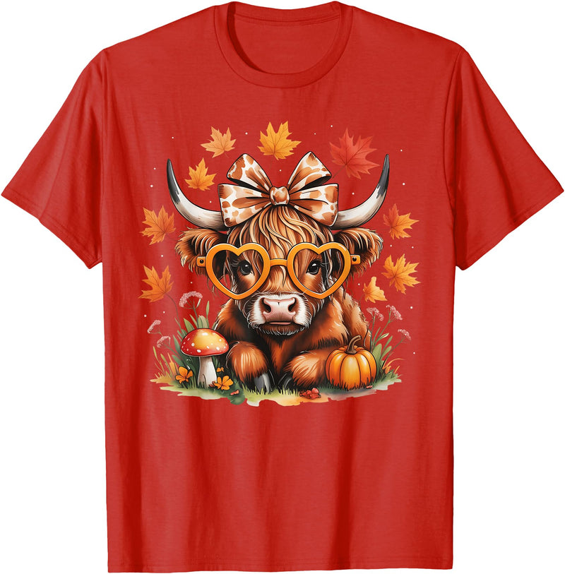 Fall Highland Cow Bow ThanksGiving Ades.shirt Fall Highland Cow Pumpkin Bow Thanksgiving Fall Girl Women T-Shirt - Red