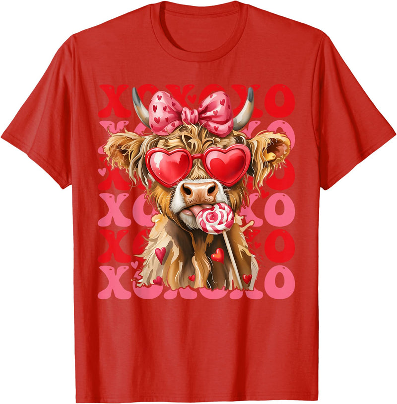 Valentine XOXO Highland Cow Fng Valentine XOXO Highland Cow Cute Coquette Bow Western T-Shirt - Red
