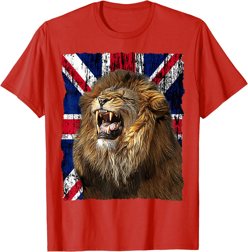 Patriotic Puppies Patriotic Roaring Lion UK Flag Distressed United Kingdom T-Shirt - Red